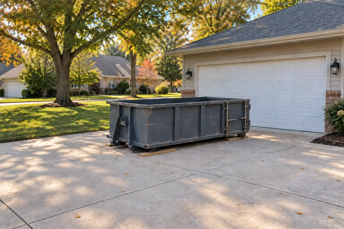 10-yard roll-off dumpster in a driveway, about 12 feet long and 3.5 feet tall