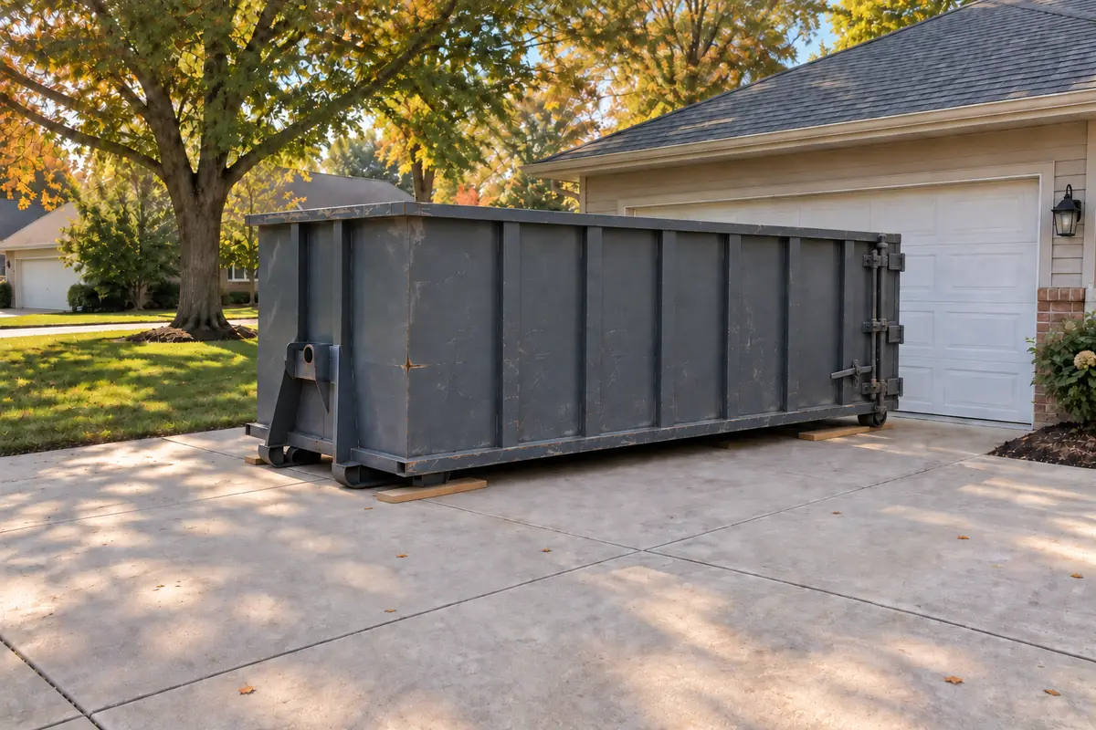 30-yard roll-off dumpster in a driveway, about 22 feet long and 6 feet tall