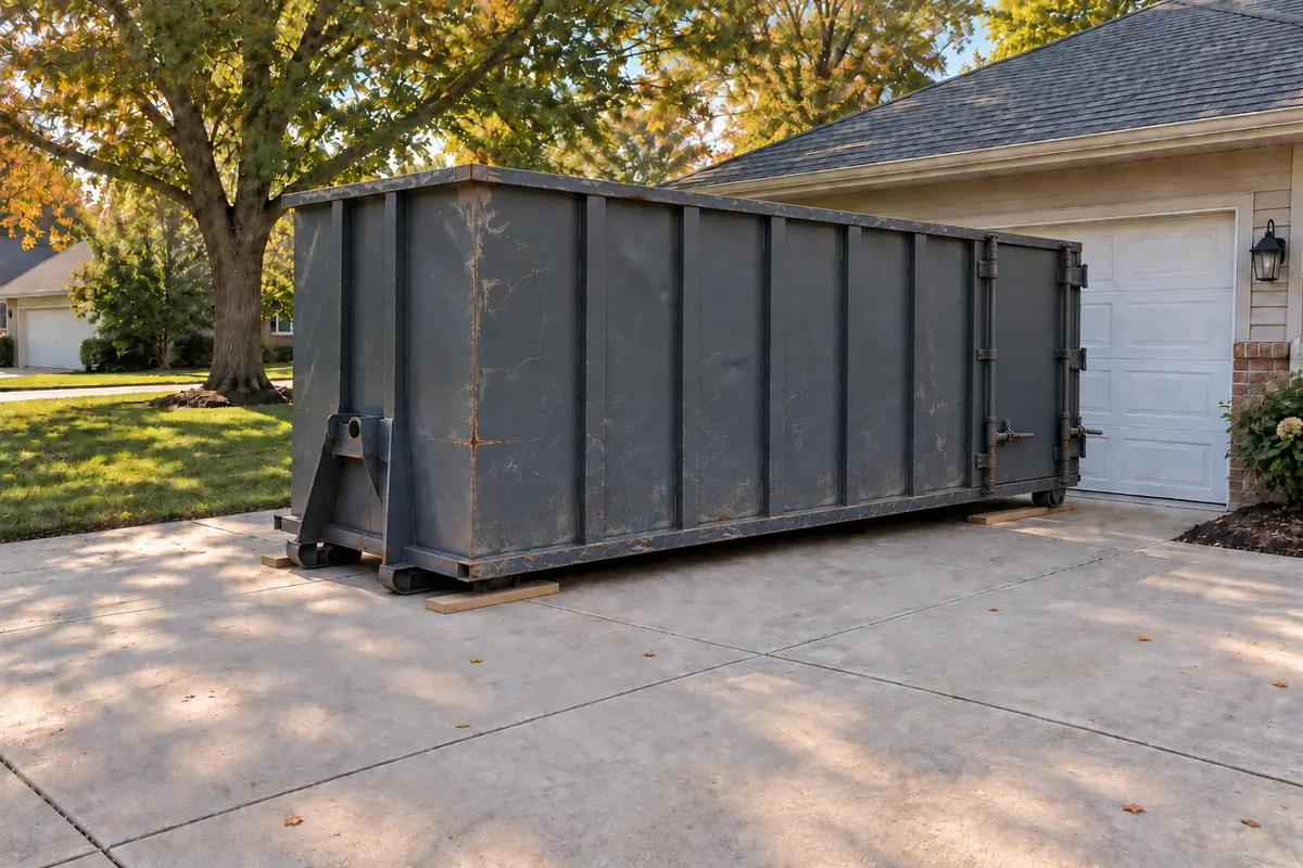 40-yard roll-off dumpster in a driveway, about 22 feet long and 8 feet tall