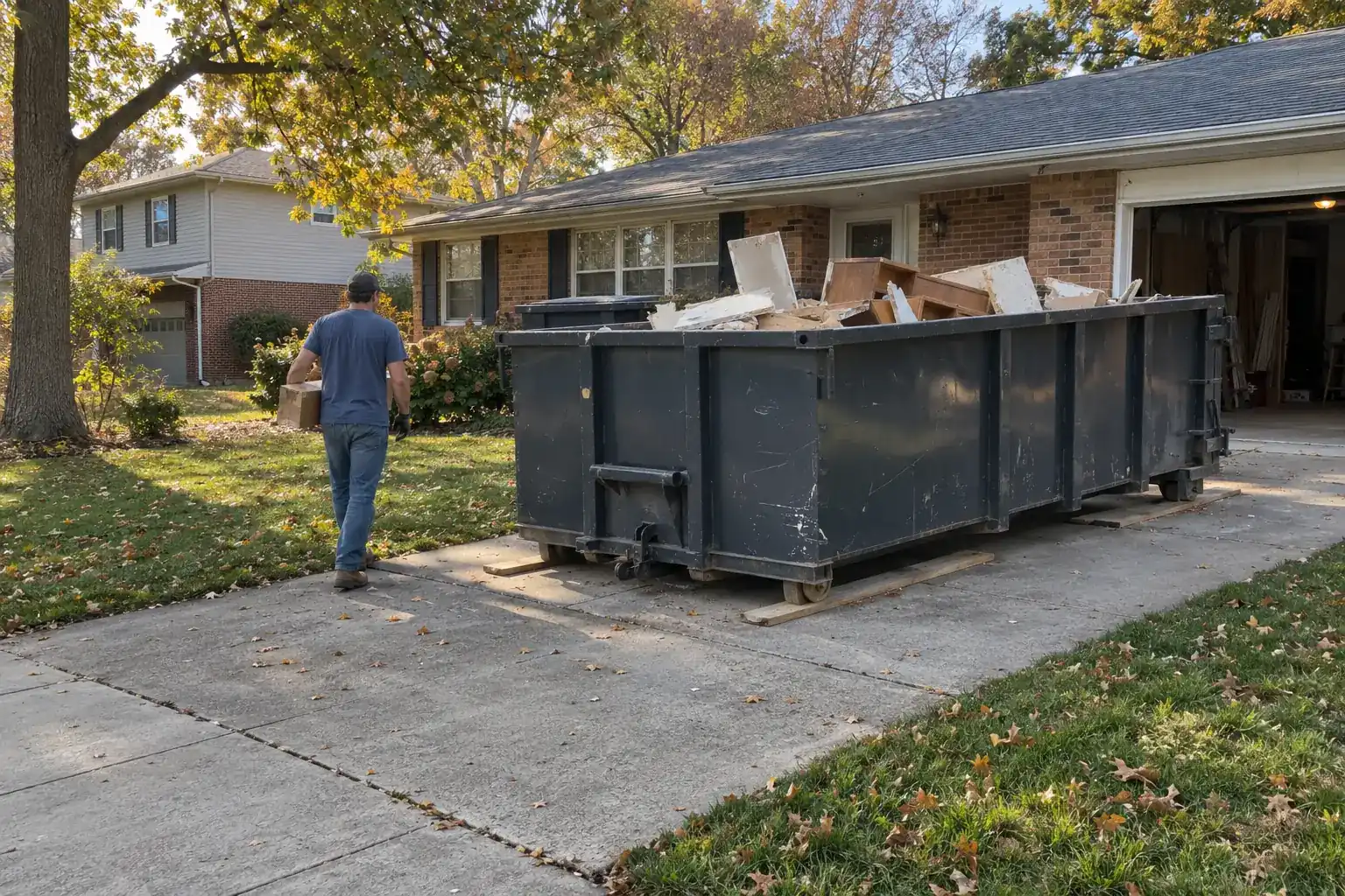 Roll-off container loaded with remodel debris in a suburban Kansas City driveway