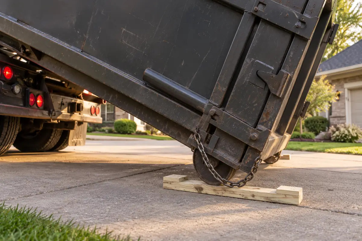 Container rails resting on wood boards laid on a driveway