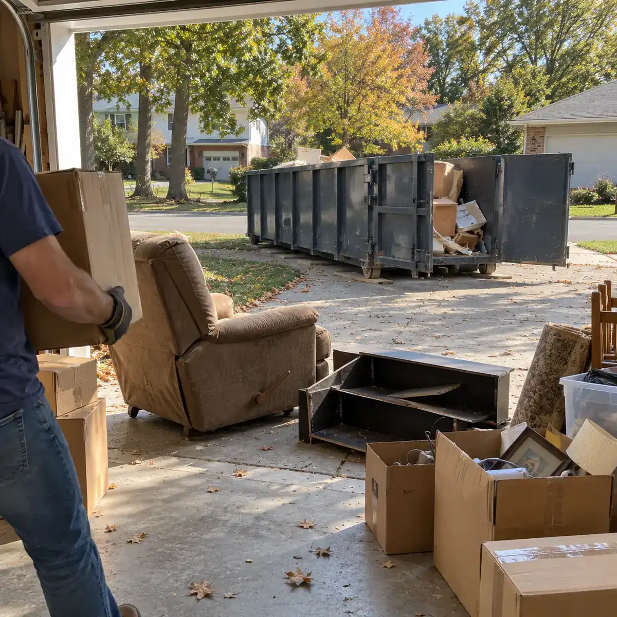 Garage cleanout with a recliner and boxes going into a roll-off dumpster