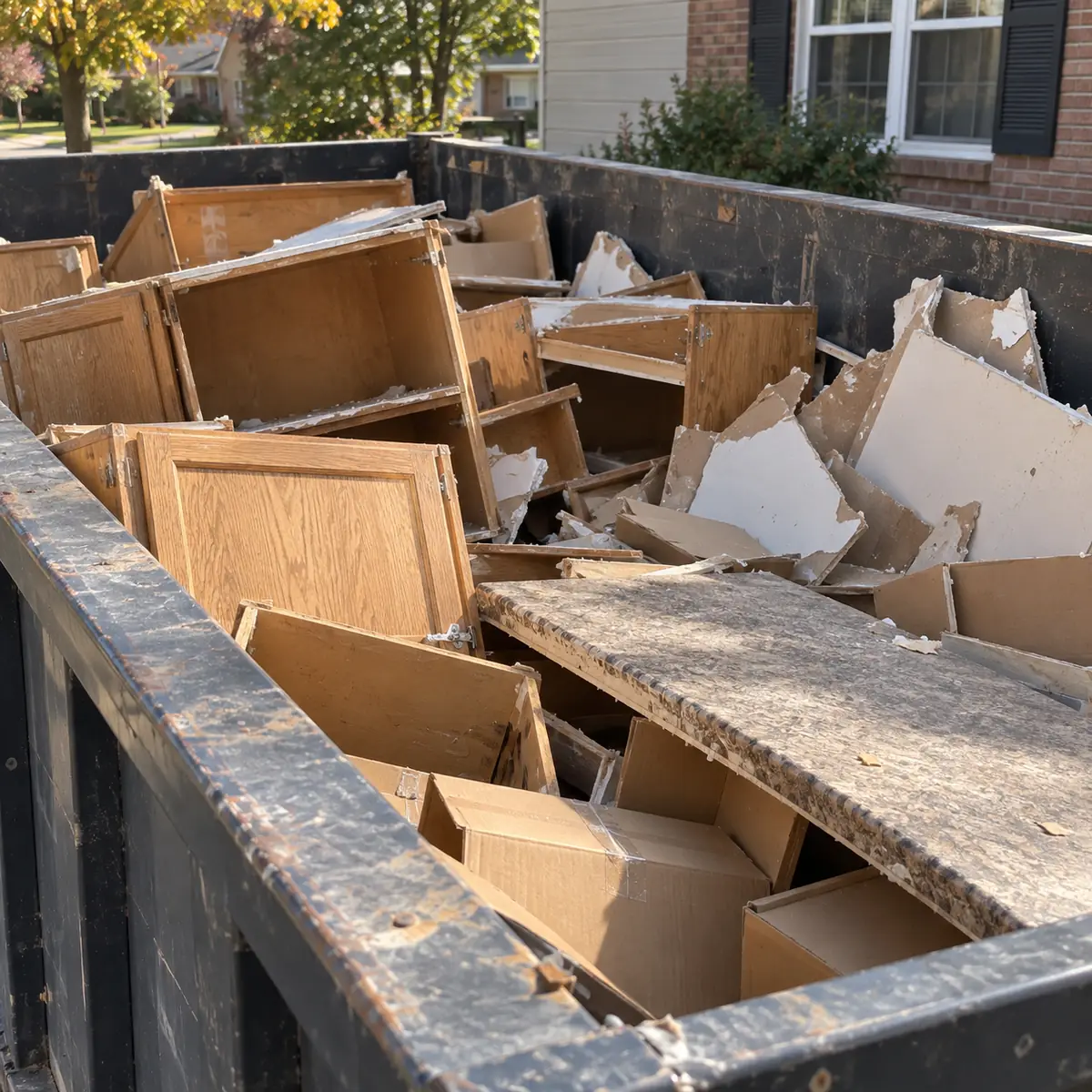 Old kitchen cabinets and drywall pieces inside a roll-off dumpster