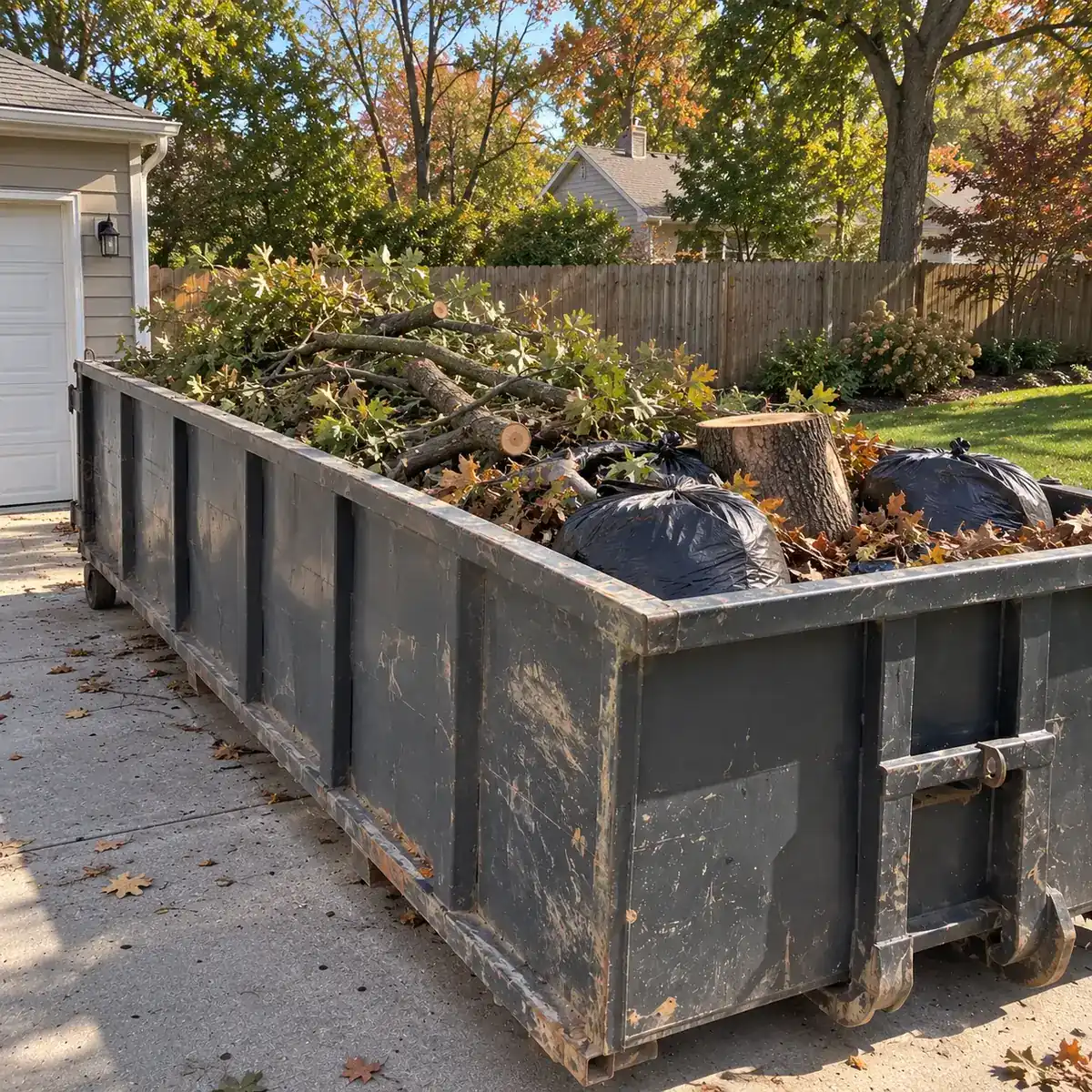 Tree branches, a stump and bagged leaves loaded in a roll-off dumpster
